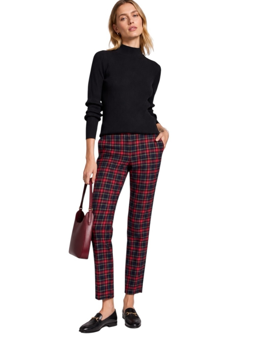 Zara Plaid Straight Leg Slim Pant Black and Red Size 4